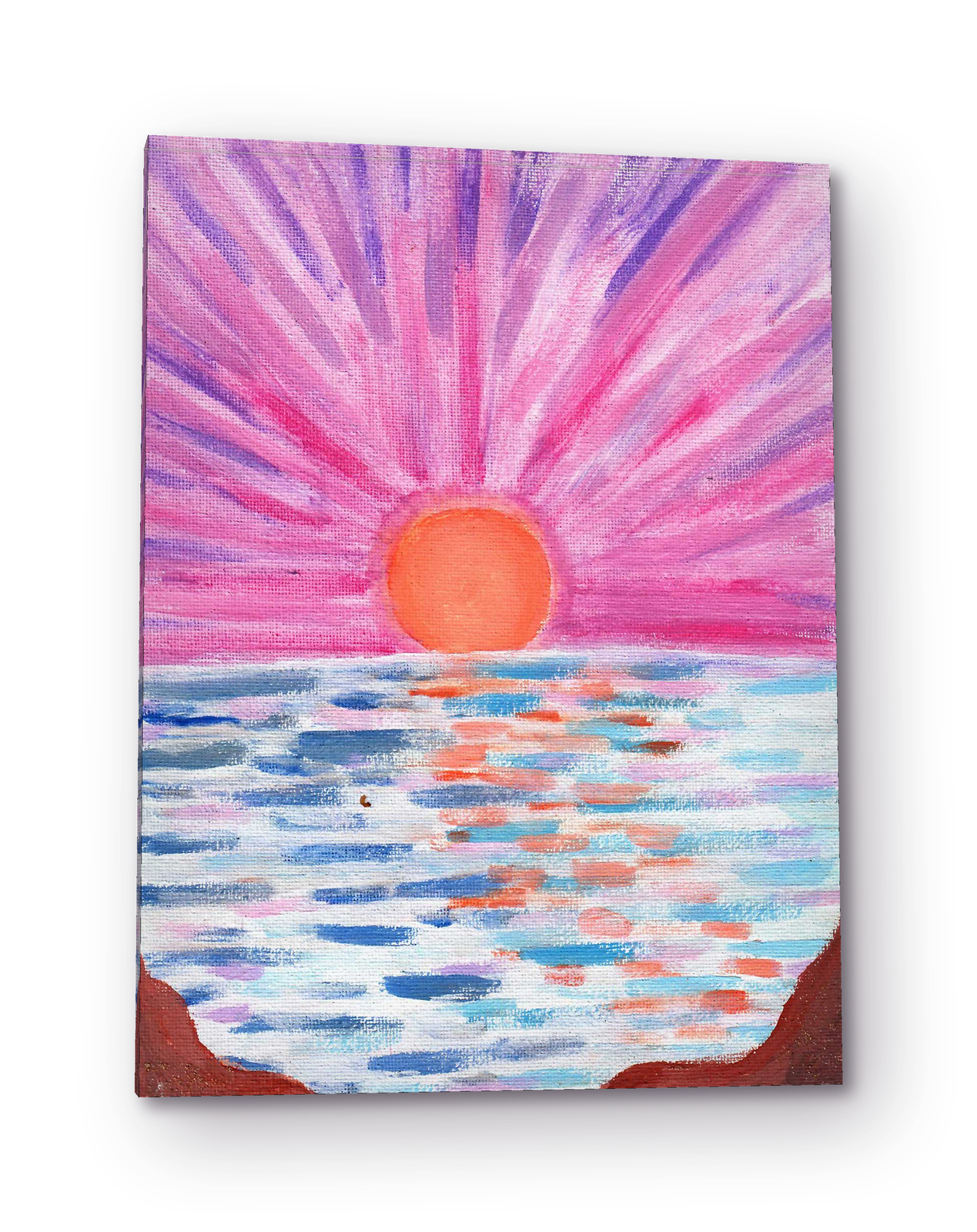 Acrylgemälde eines Sonnenuntergangs über dem Meer: eine orange Sonne
                    in einem Kranz aus pinken und violetten Strahlen, darunter Wasser mit
                    blauen und korallenfarbenen Reflexen. Das Bild steht auf einer Staffelei.