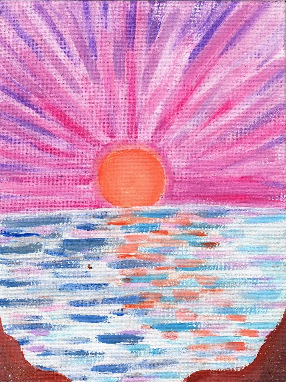 Acrylgemälde: Sonnenuntergang über dem Meer in Pink,
                 Violett und Orange, mit Reflexen auf dem Wasser.